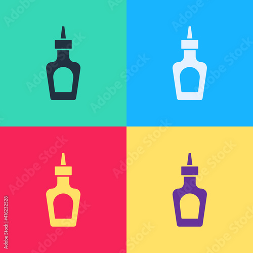 Color Sauce bottle icon isolated on white background. Ketchup, mustard and mayonnaise bottles with sauce for fast food. Abstract banner with liquid shapes. Vector.