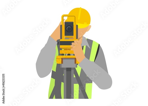 Male surveyor using a theodolite. Simple illustration.