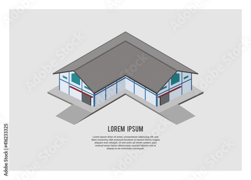 Simple illustration of L shaped warehouse building in isometric view