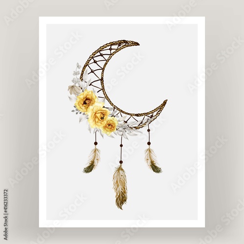 Watercolor dream catcher rose Yellow flower feather
