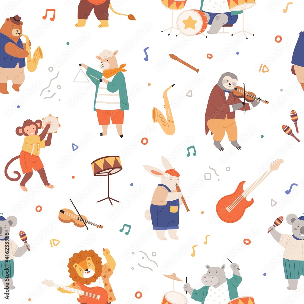 Seamless pattern with animal musicians. Cute kids characters playing music on guitar, violin, fife, drums and sax. Endless repeatable background. Colored flat vector illustration on white