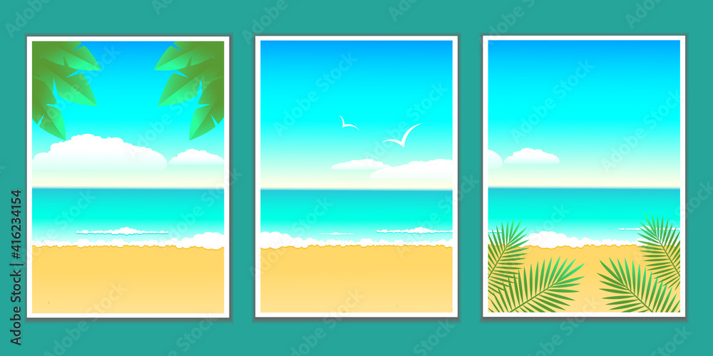 Set of summer nature backgrounds and sea tropical landscape. Summer vacation and travel concept.Design for flyer, poster, advertising leaflet, greeting card and banner. Vector stock illustration. 