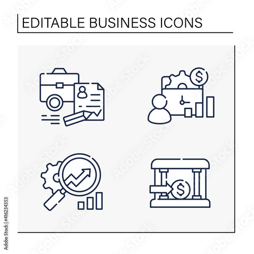 Business incubator line icons set. Startup project foundation. Concluding contract, startup agreement. Profitable investment. Isolated vector illustrations. Editable stroke