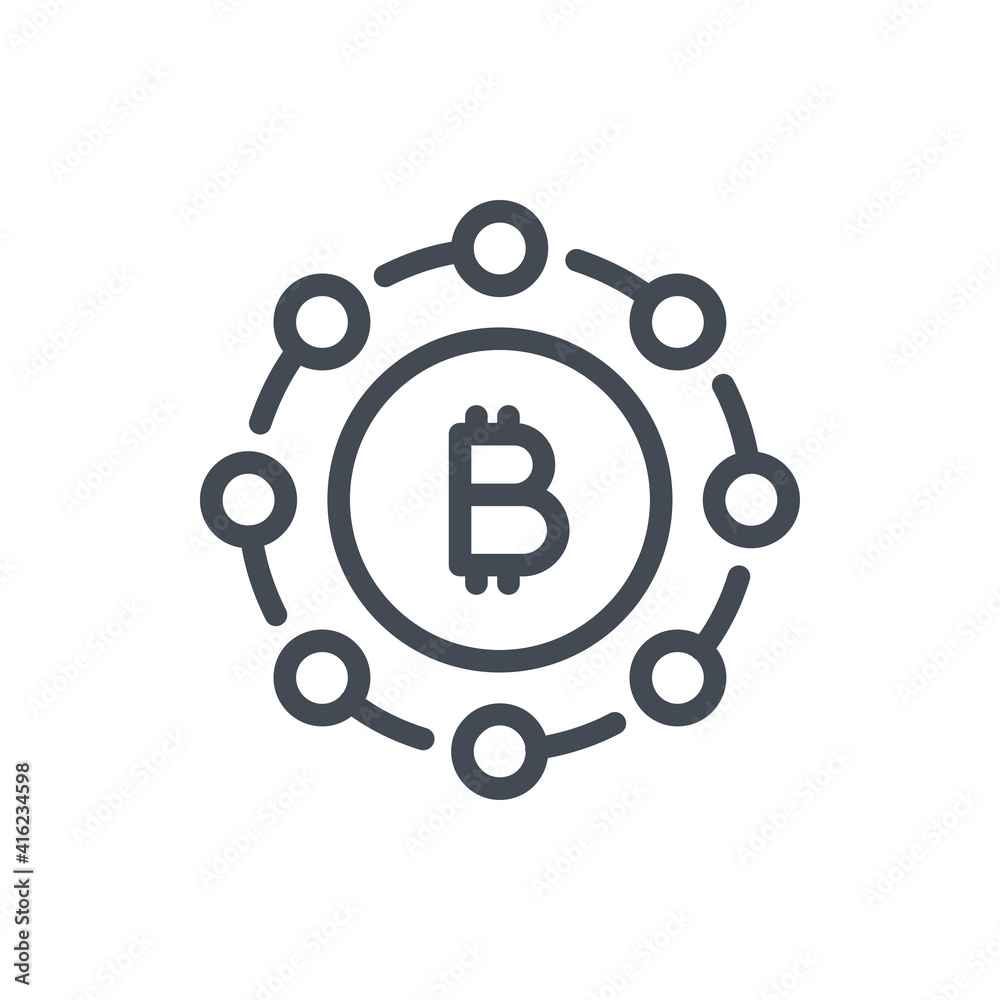 Bitcoin connection line icon. Cryptocurrency network vector outline sign. Bitcoin connection line icon. Cryptocurrency network vector outline sign.
