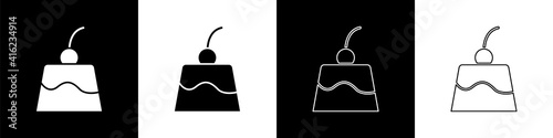 Set Pudding custard with caramel glaze icon isolated on black and white background. Vector.