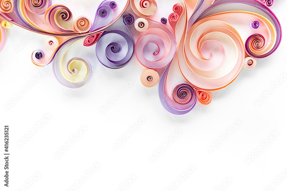Abstract background with curls of scrolled paper for quilling. Quilling paper art banner. Paper filigree border with copy space. Abstract background with curls of scrolled paper for quilling. Quilling paper art banner. Paper filigree border with copy space.