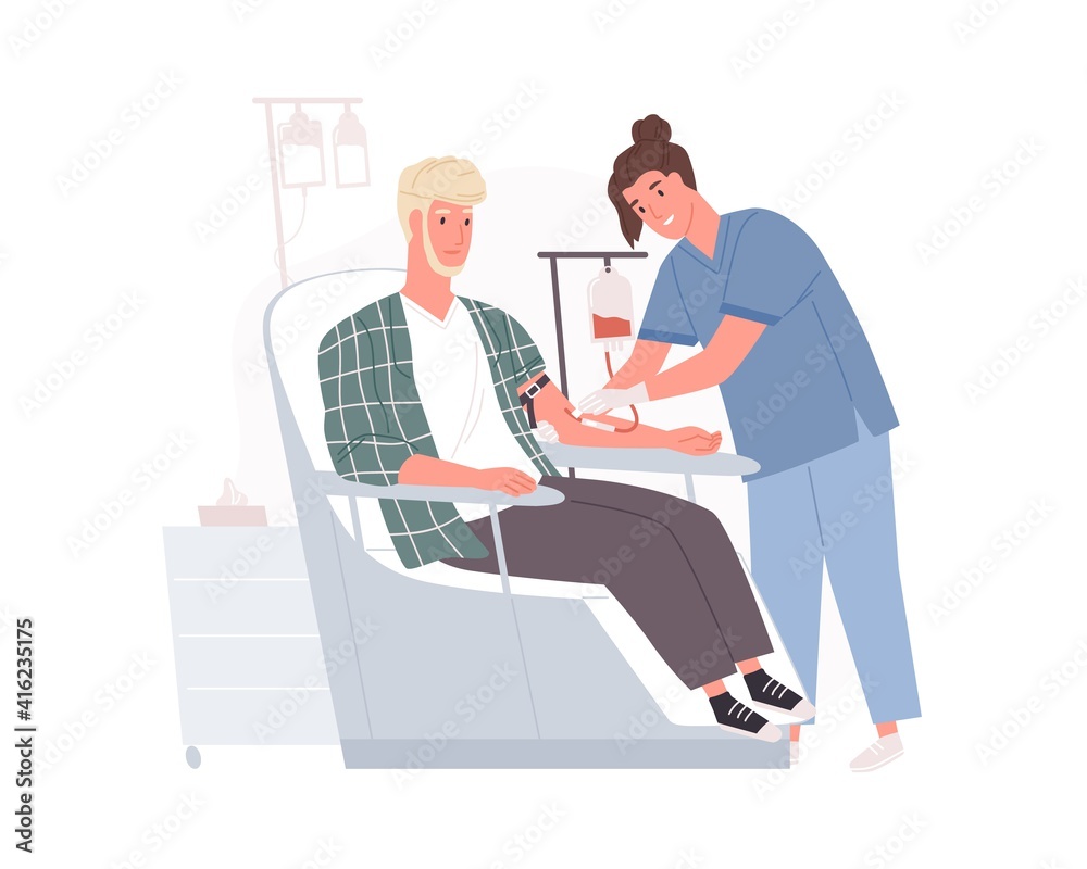 Doctor collecting blood from volunteer sitting in chair in modern medical center. Donor during donating procedure in hospital. Colored flat cartoon vector illustration isolated on white background