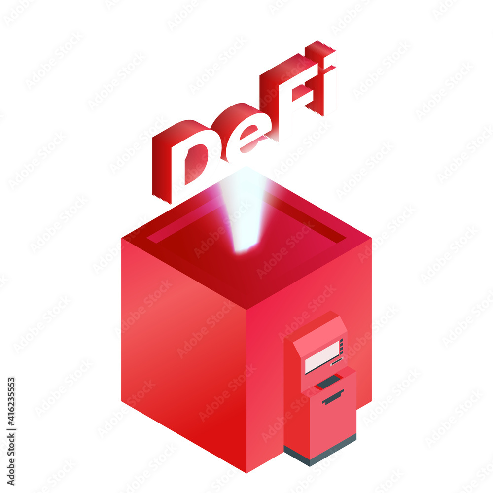 Vector illustration of defi on a podium illuminated. ATM near the building. Isometric. For website and news design Vector illustration of defi on a podium illuminated. ATM near the building. Isometric. For website and news design