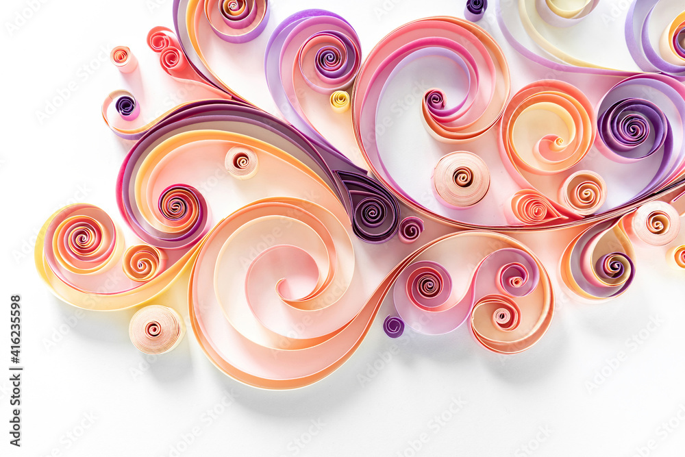 Quilling paper art hobby. Filigree paper abstract floral background in  pink-purple tones with copy space. Twisted figures from strips of colored  paper 3d image. Stock Photo | Adobe Stock