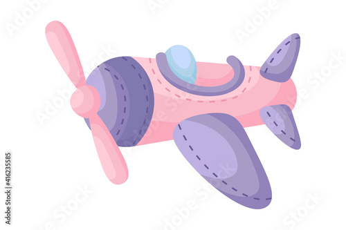Cute pink-violet airplane on white background. Cartoon transport for kids cards, baby shower, birthday invitation, house interior. Bright colored childish vector illustration in cartoon style.