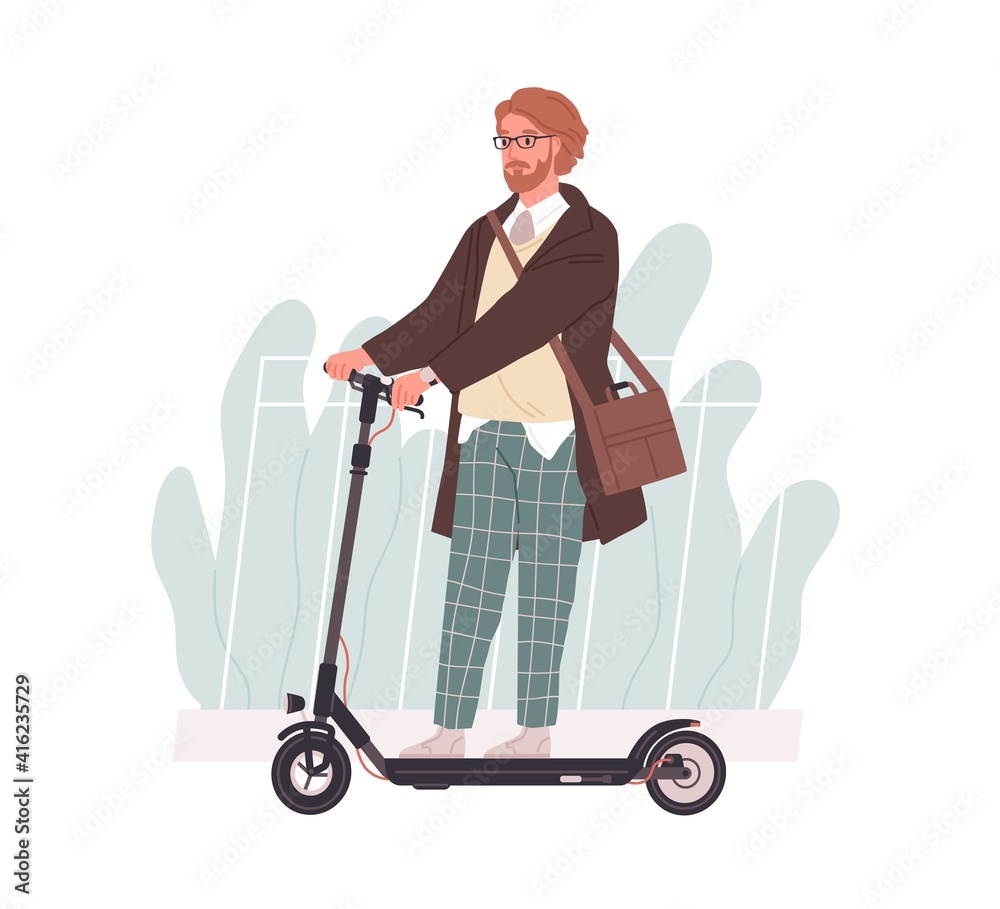 Profile of young man riding electric walk scooter. Active hipster driving eco  urban transport. Modern guy on e-scooter. Colored flat vector illustration  isolated on white background Stock Vector | Adobe Stock