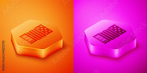Isometric Musical instrument accordion icon isolated on orange and pink background. Classical bayan, harmonic. Hexagon button. Vector.