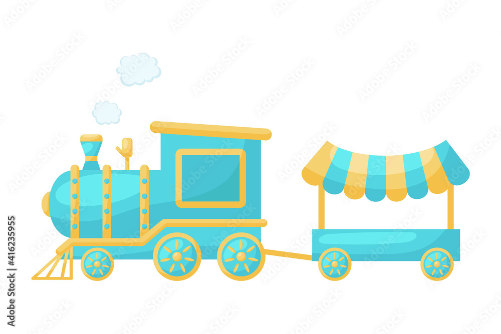 Cute blue train with steam on white background. Cartoon transport for kids cards, baby shower, birthday invitation, house interior. Bright colored childish vector illustration in cartoon style. Cute blue train with steam on white background. Cartoon transport for kids cards, baby shower, birthday invitation, house interior. Bright colored childish vector illustration in cartoon style.