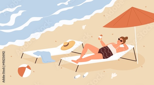 Mature woman relaxing and chilling on sandy beach at seaside resort on summer vacation. Female character lying on chaise lounge under umbrella and drinking cocktail. Colored flat vector illustration