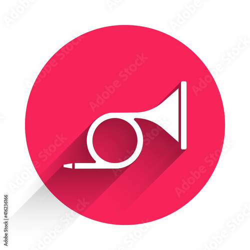 White Musical instrument trumpet icon isolated with long shadow. Red circle button. Vector.