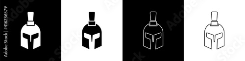 Set Greek helmet icon isolated on black and white background. Antiques helmet for head protection soldiers with a crest of feathers or horsehair. Vector.