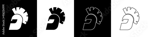 Set Greek helmet icon isolated on black and white background. Antiques helmet for head protection soldiers with a crest of feathers or horsehair. Vector.