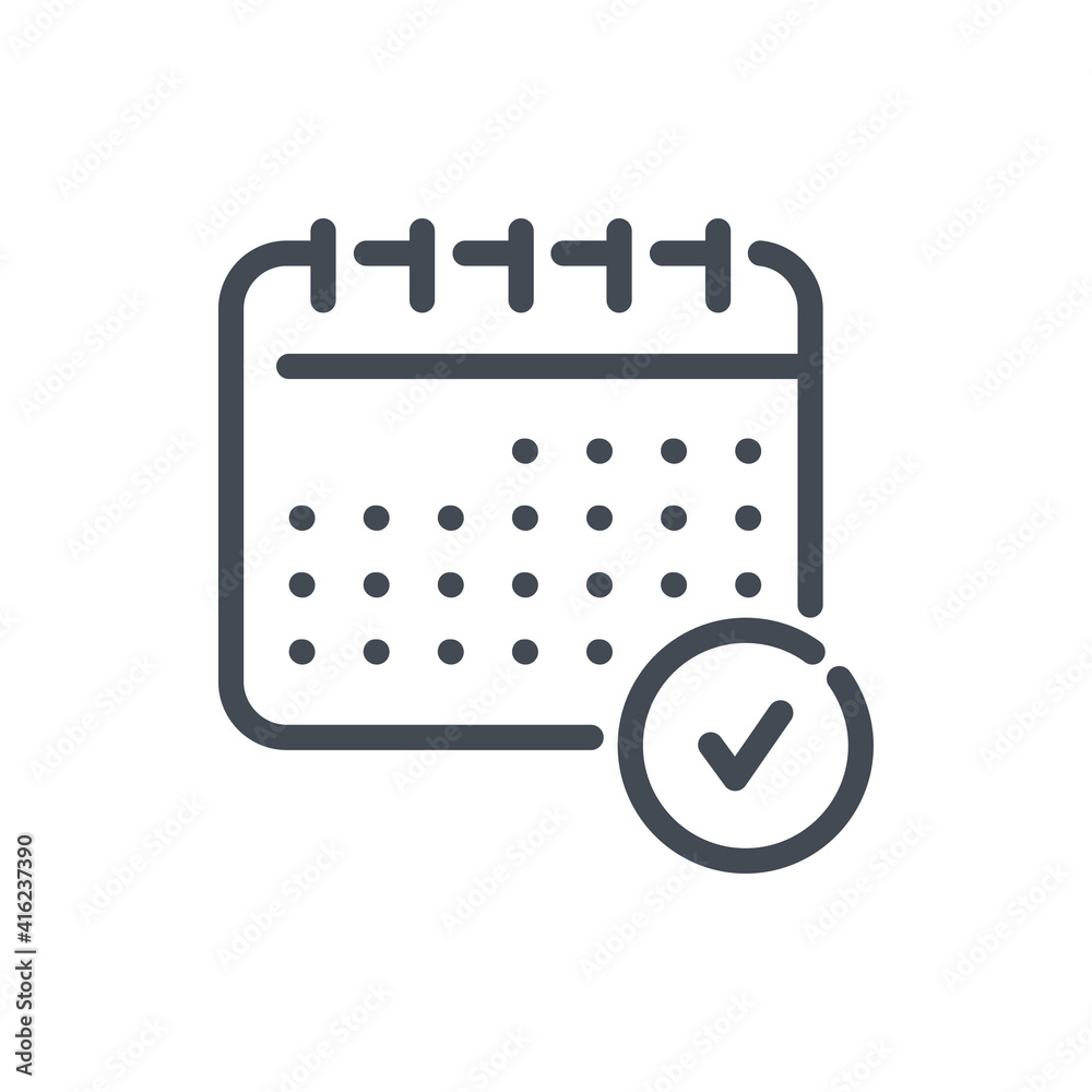 Calendar checked line icon. Timetable with check mark vector outline sign. Calendar checked line icon. Timetable with check mark vector outline sign.