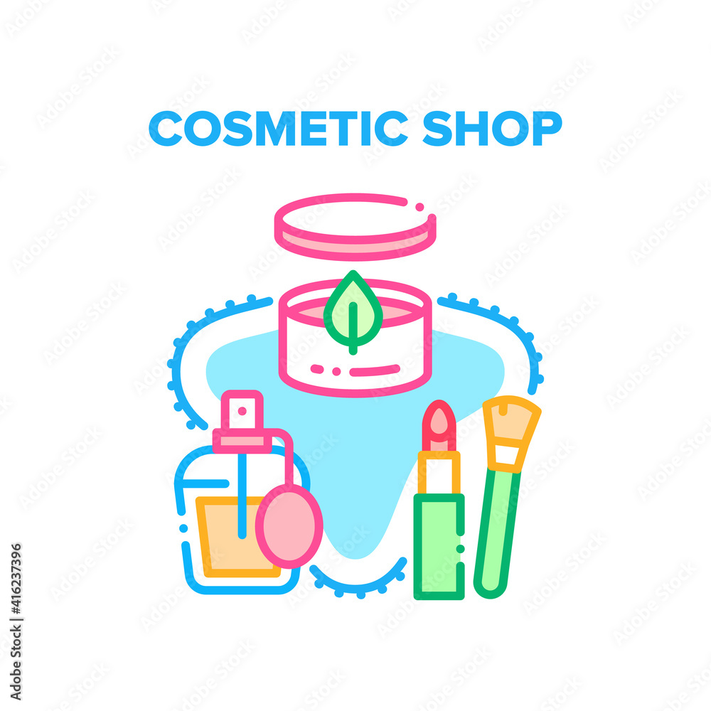 Cosmetic Shop Vector Icon Concept. Cosmetic Shop Selling Cream And Perfume, Lipstick And Brush Makeup Accessories. Aromatic Perfumery Liquid Spray And Natural Skin Care Lotion Color Illustration