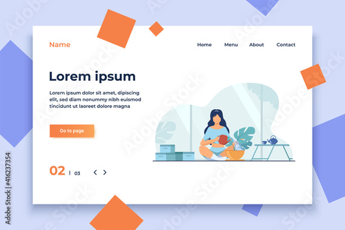 Woman sitting on floor and watering plant. Home, water, leaf flat vector illustration. Hobby and house garden concept for banner, website design or landing web page