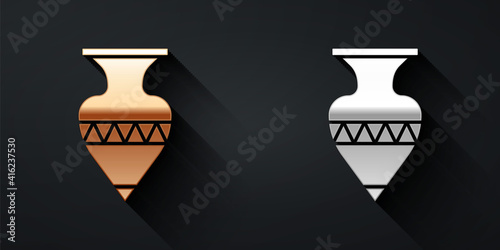 Gold and silver Ancient amphorae icon isolated on black background. Long shadow style. Vector.
