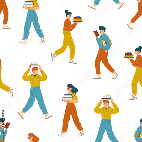 Seamless pattern with young people reading books. Book lovers, fans of literature. Concept of Book Week or World Book Day. Flat vector illustration isolated on white background.