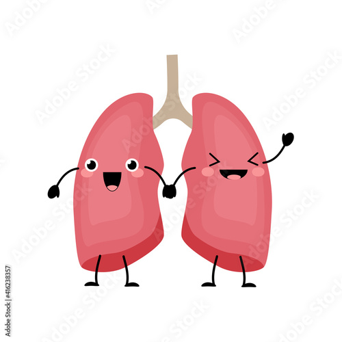 Happy smiling  cute lungs  organ character in a flat cartoon style. Vector kawaii illustration isolated on white background