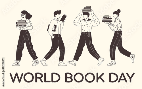 World Book Day. Collection of young people reading books. Book lovers, fans of literature. Flat vector illustration isolated on white background.