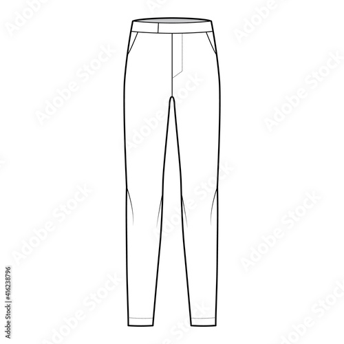 Pants cigarette technical fashion illustration with extended low waist, rise, full length, slant slashed pockets. Flat bottom trousers apparel template front, white color. Women men unisex CAD mockup