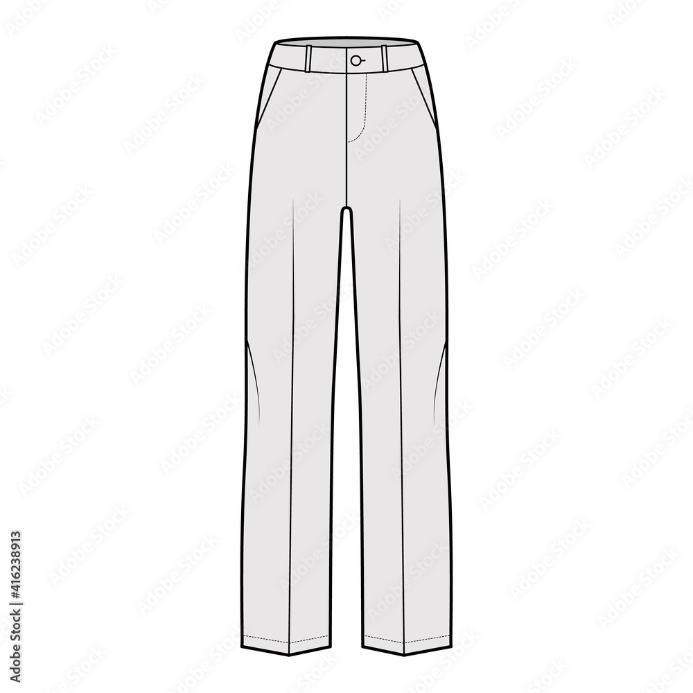 Pants tailored technical fashion illustration with low waist, rise, full length, slant slashed pockets, belt loops. Flat bottom trousers apparel template front, grey color. Men unisex CAD mockup Pants tailored technical fashion illustration with low waist, rise, full length, slant slashed pockets, belt loops. Flat bottom trousers apparel template front, grey color. Men unisex CAD mockup