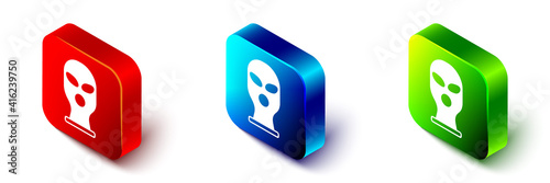 Isometric Balaclava icon isolated on white background. A piece of clothing for winter sports or a mask for a criminal or a thief. Red, blue and green square button. Vector.