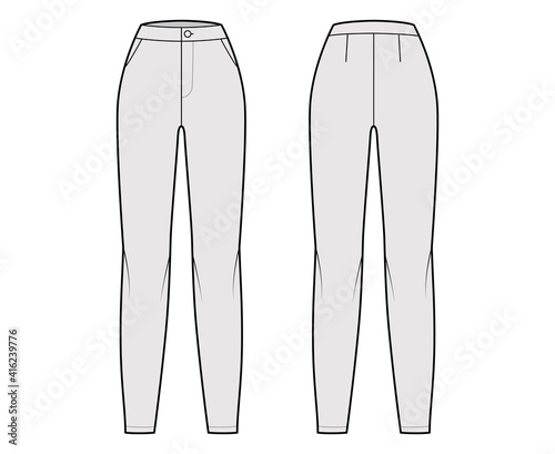Pants flat front technical fashion illustration with normal waist, high rise, full length, slant slashed pockets. Flat casual bottom trousers apparel template back grey color. Women unisex CAD mockup