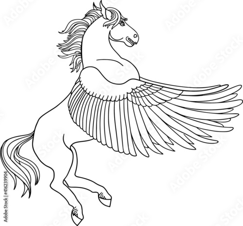 Pegasus flying horse with wings outline vector drawing isolated on white background