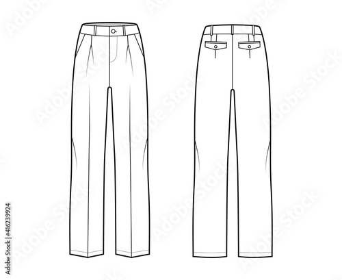 Pants tailored technical fashion illustration with low waist, rise, slant slashed flap pockets, single pleat, belt loops. Flat casual bottom trousers front, back, white color. Women unisex CAD mockup