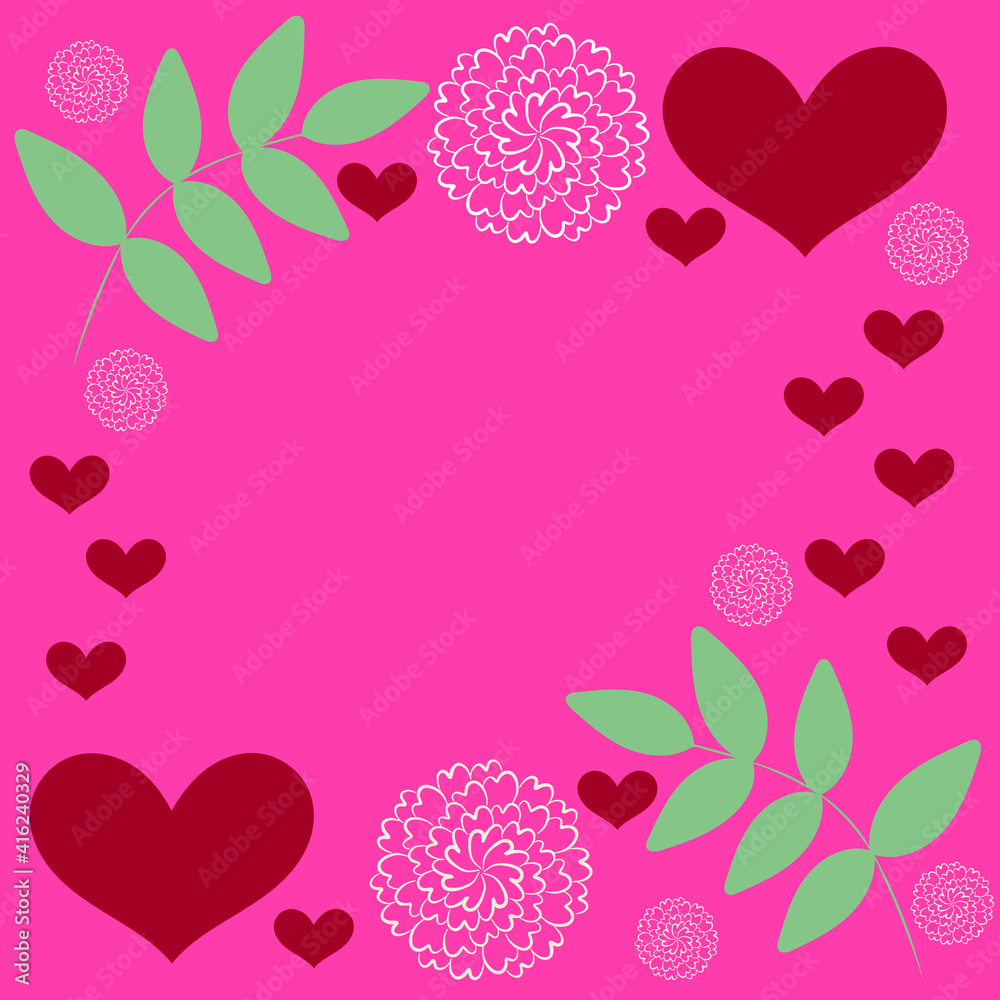 Template for invitations and greeting cards with leaves, hearts and flowers. Cute vector illustration.