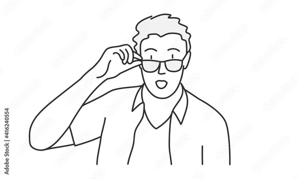 Young man with looking taking off glasses. Surprised guy. Hand drawn vector illustration. Young man with looking taking off glasses. Surprised guy. Hand drawn vector illustration.