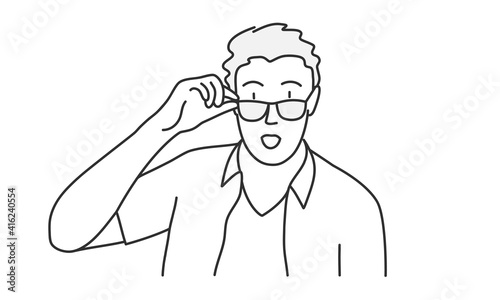 Young man with looking taking off glasses. Surprised guy. Hand drawn vector illustration.