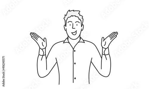 Happy young man throws up his hands. Hand drawn vector illustration.