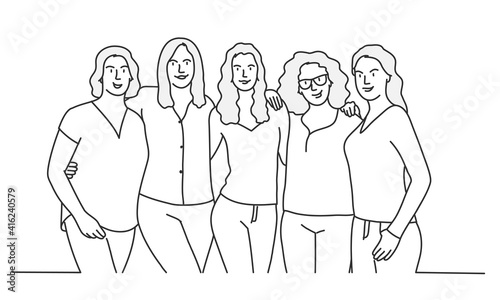Five young girls are embracing. Hand drawn vector illustration.