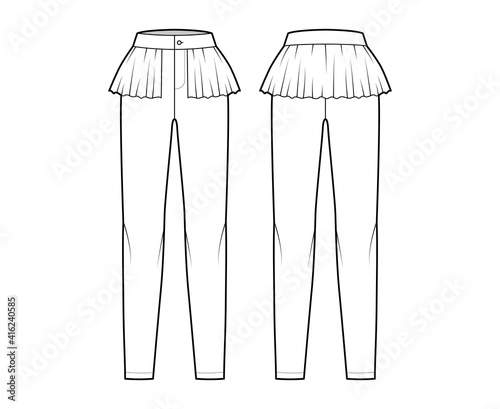 Pants peplum technical fashion illustration with extended normal waist, high rise, full length, frilled skirt. Flat bottom trousers apparel template front back white color. Women men unisex CAD mockup