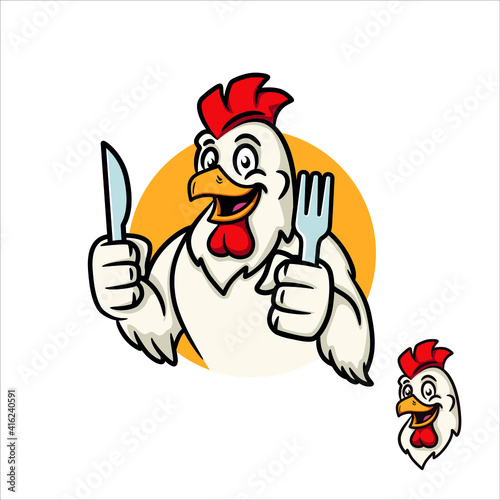 Rooster modern modern vector  mascot with fork and knife. Ready to eat
