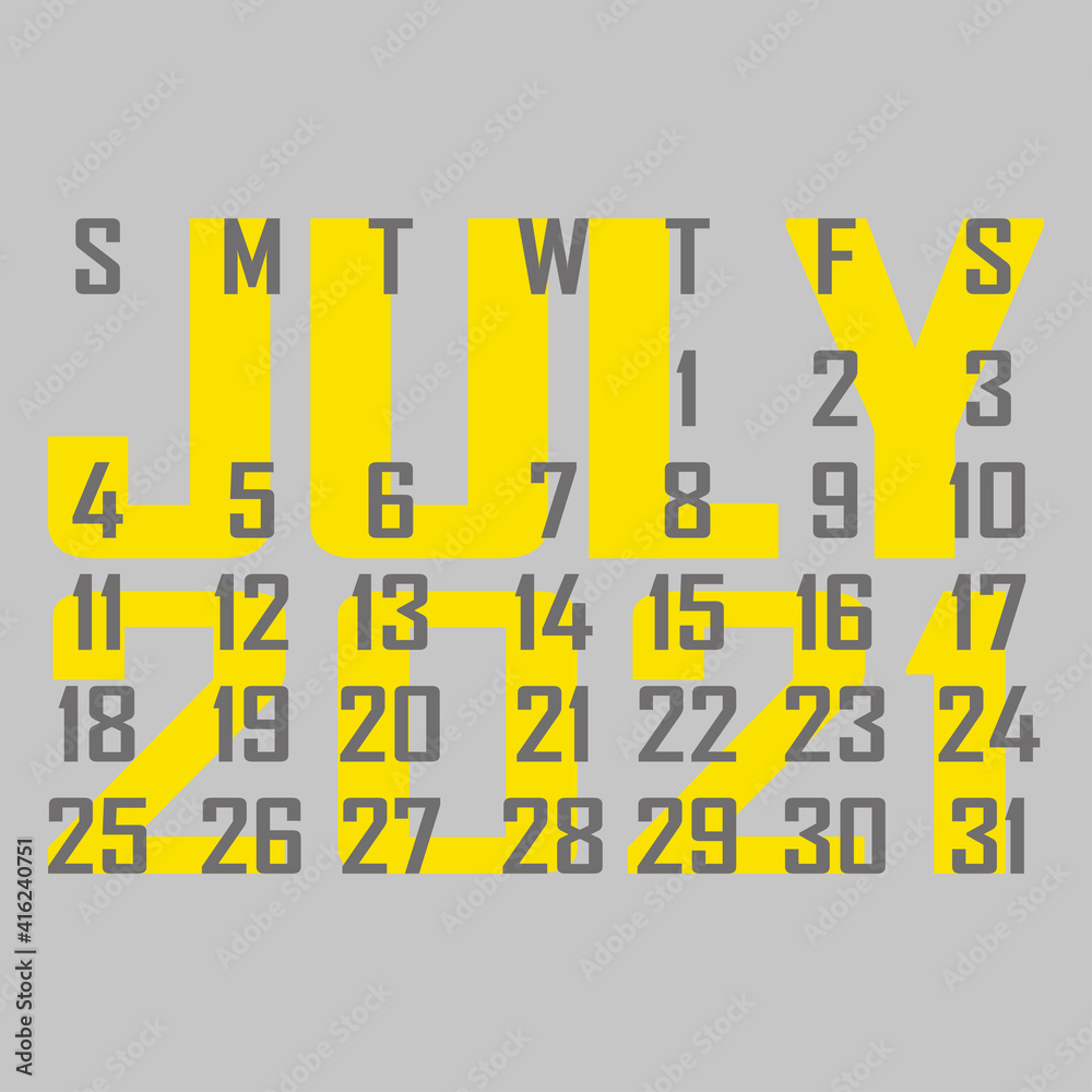 Letter calendar for July 2021. The week begins on Sunday. Time, planning and schedule concept. Flat design. Removable calendar for the month. Vector