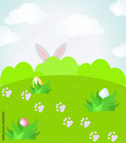 Easter landscape with ears that stick out from behind bushes. Juicy spring colors of greenery and sky. Vector illustration for easter design, cards and greetings.