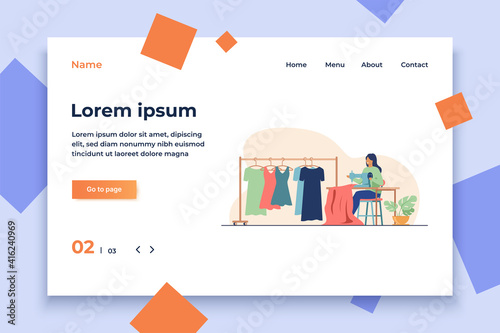 Woman sewing new dress on stitching machine. Seamstress, cloth, apparel flat vector illustration. Fashion and craftwork concept for banner, website design or landing web page