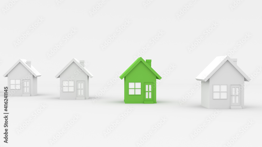 Green house among white houses. Hunting and searching concept. 3D Rendering
Green house among white houses. Hunting and searching concept. 3D Rendering