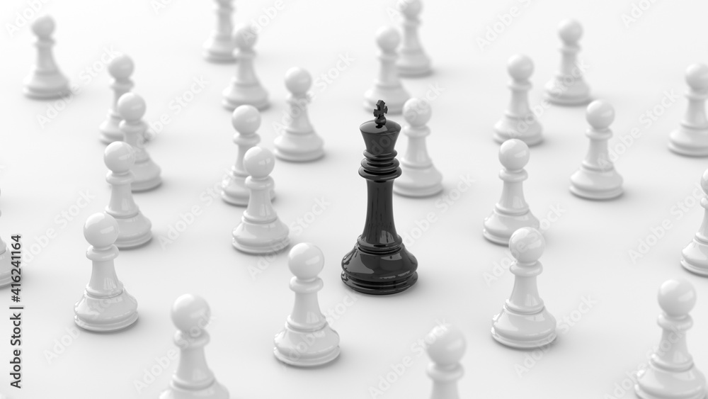 Leadership concept, black king of chess, standing out from the crowd of white pawns, on white background. 3D Rendering Leadership concept, black king of chess, standing out from the crowd of white pawns, on white background. 3D Rendering