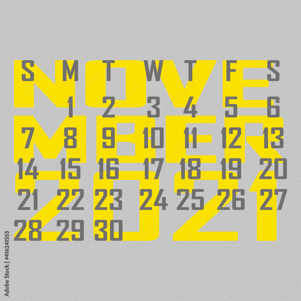 Letter calendar for November 2021. The week begins on Sunday. Time, planning and schedule concept. Flat design. Removable calendar for the month. Vector Letter calendar for November 2021. The week begins on Sunday. Time, planning and schedule concept. Flat design. Removable calendar for the month. Vector