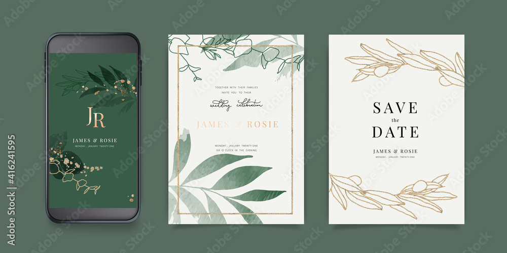 Luxury Green Social Media, mobile  Wedding invite frame templates. Vector background. Invitation mobile Floral with golden collage layout design.