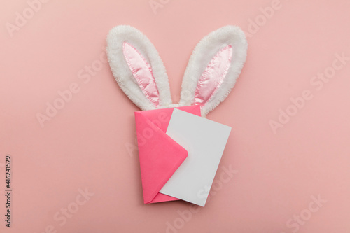 Easter blank card and envelope with fluffy easter bunny ears