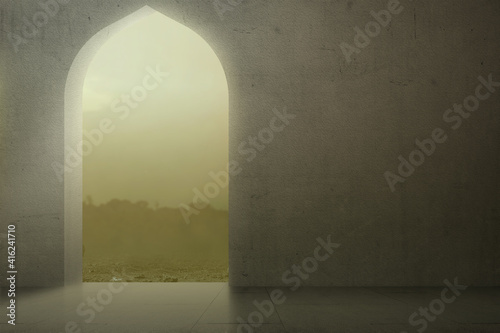 Mosque door with a dramatic sky